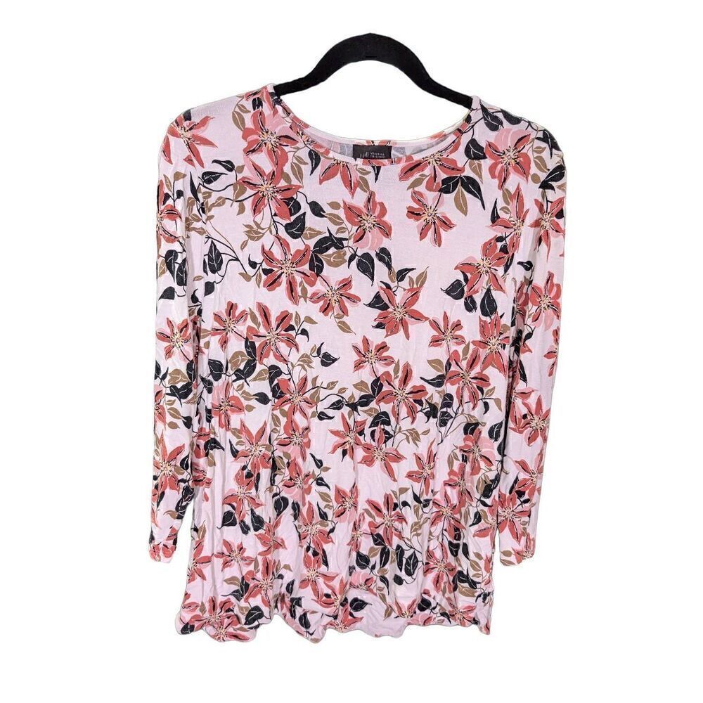 J. Jill  Pink and White Blouse Floral 3/4 Sleeve Shirt Bateau Neckline Women's L